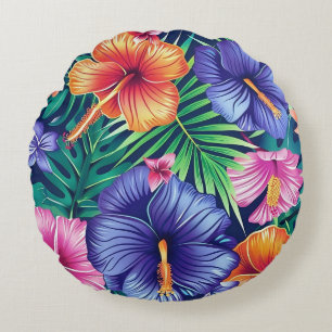 Bright Tropical Floral Round Pillow