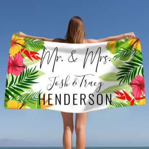 Bright Tropical Flowers & Leaves Mr and Mrs  Beach Towel