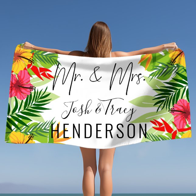 Bright Tropical Flowers & Leaves Mr and Mrs  Beach Towel (Bright Tropical Flowers & Leaves Mr and Mrs Beach Towel)