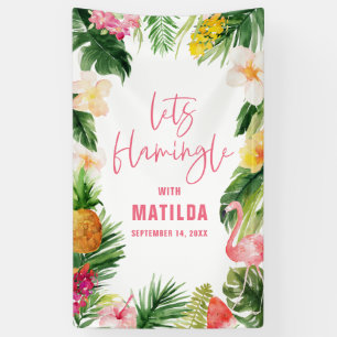 Bright tropical foliage flamingle birthday party banner