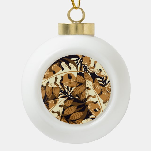Bright Tropical Leaves Dark Pattern Ceramic Ball Christmas Ornament (Front)