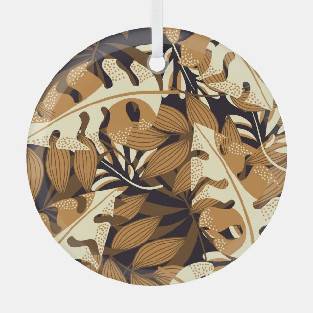 Bright Tropical Leaves Dark Pattern Glass Tree Decoration (Front)