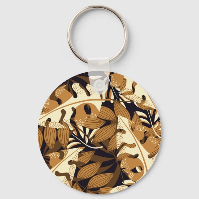 Bright Tropical Leaves Dark Pattern Key Ring (Front)