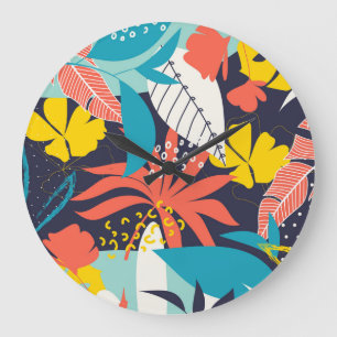 Bright Tropical Leaves Dark Pattern Large Clock