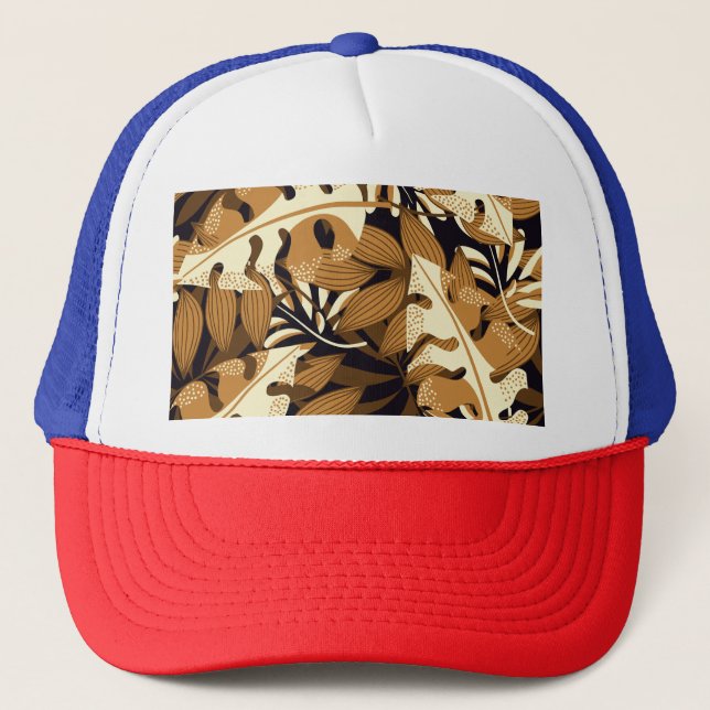 Bright Tropical Leaves Dark Pattern Trucker Hat (Front)