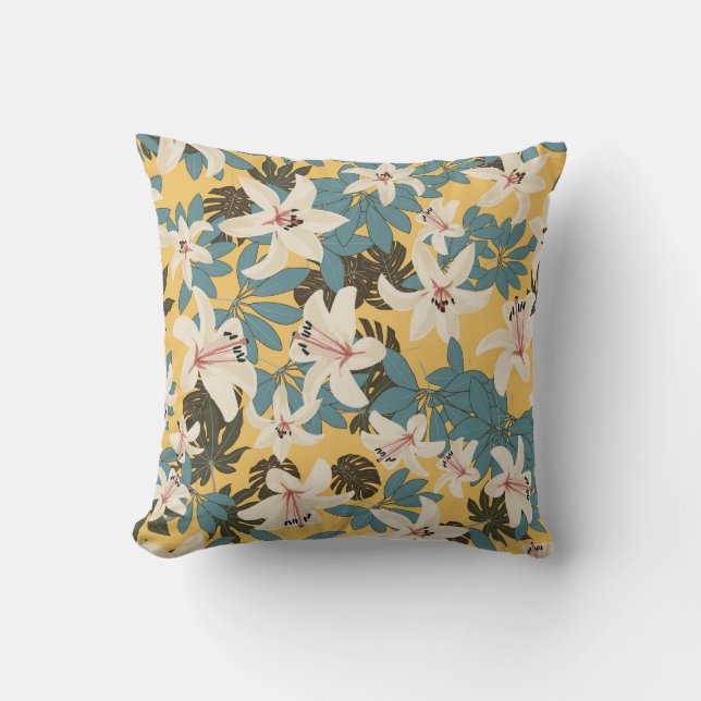 Bright Tropical Leaves Lily Pattern Cushion (Front)