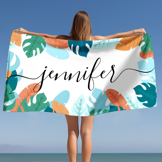 Bright Tropical Leaves Personalised Name Beach Towel (Bright Tropical Leaves Personalized Name Beach Towel)