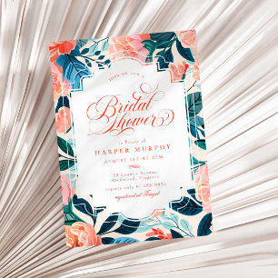 Bright Tropical Orange Teal Floral Bridal Shower Invitation