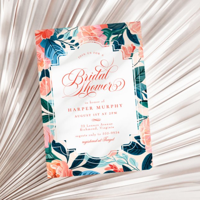 Bright Tropical Orange Teal Floral Bridal Shower Invitation (Creator Uploaded)