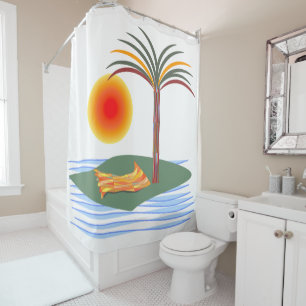 Bright Tropical Palm Tree, Sun and Waves Shower Curtain