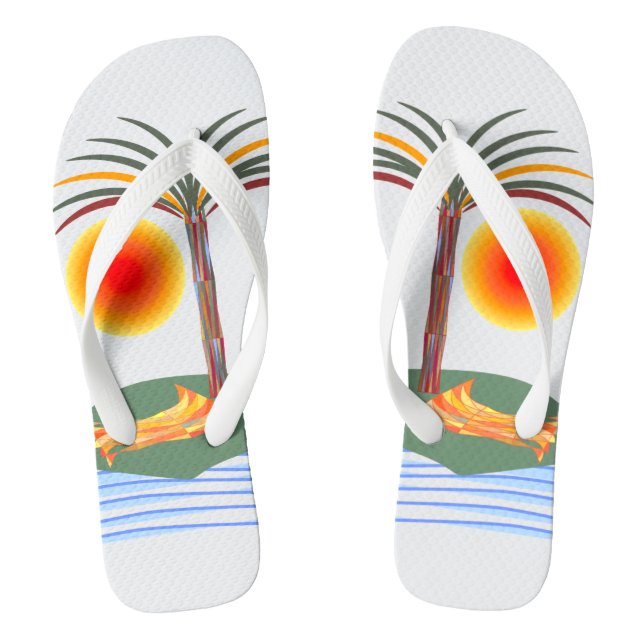 Bright Tropical Palm Tree, Sun and Waves Thongs (Footbed)
