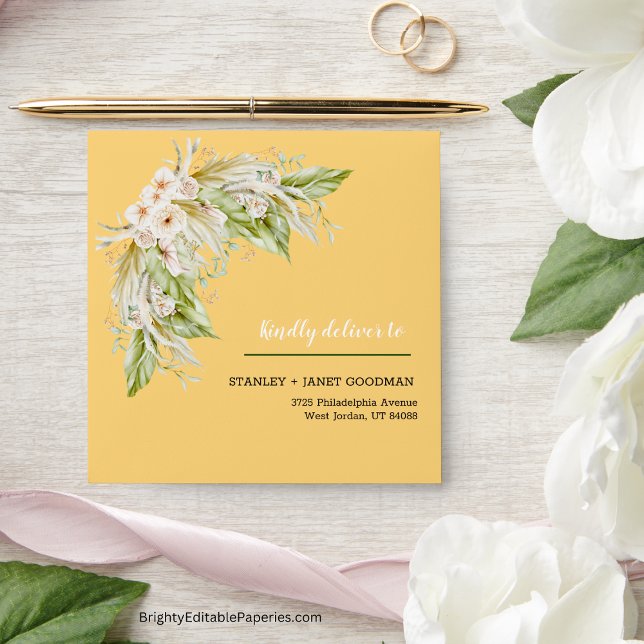 Bright Tropical Pampas Grass Boho Wedding Envelope (Boho Envelope Elegance: Unveil the Tropical Pampas Grass Invitation.)