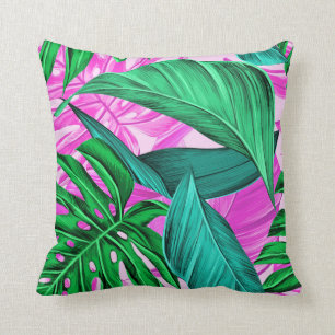 Bright Tropical Pink and Green Leaves Cushion