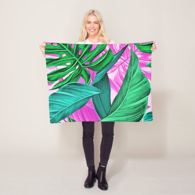 Bright Tropical Pink and Green Leaves Fleece Blanket (In Situ)