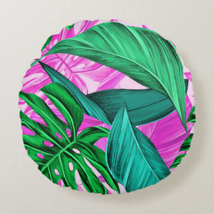Bright Tropical Pink and Green Leaves Round Cushion