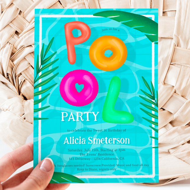 Bright Tropical pool party neon floaters Sweet 16 Invitation (Bright Tropical pool party neon floaters Sweet 16 Invitation)