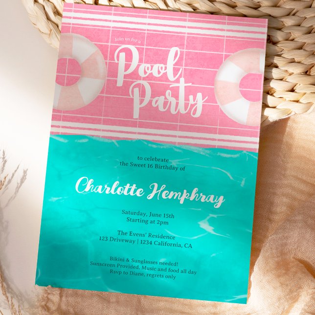 Bright Tropical pool party pink blue Sweet 16 Invitation (Creator Uploaded)