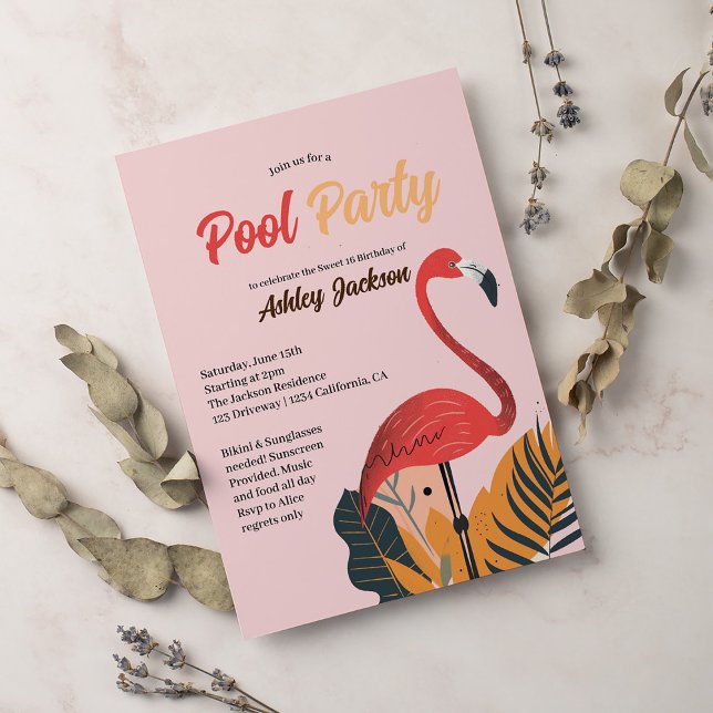 Bright Tropical Pool Party Pink flamingo Sweet 16  Invitation (Creator Uploaded)