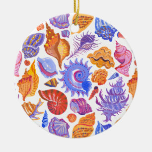 Bright tropical seashell, hand-drawn pattern ceramic ornament