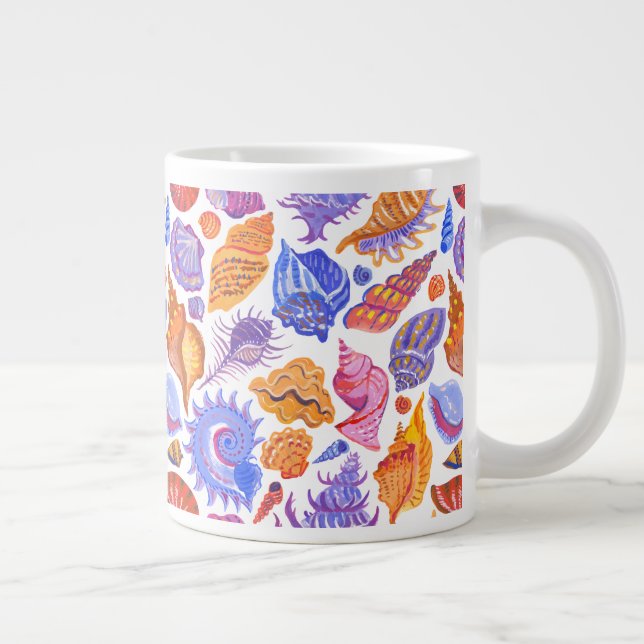Bright tropical seashell, hand-drawn pattern large coffee mug (Right)