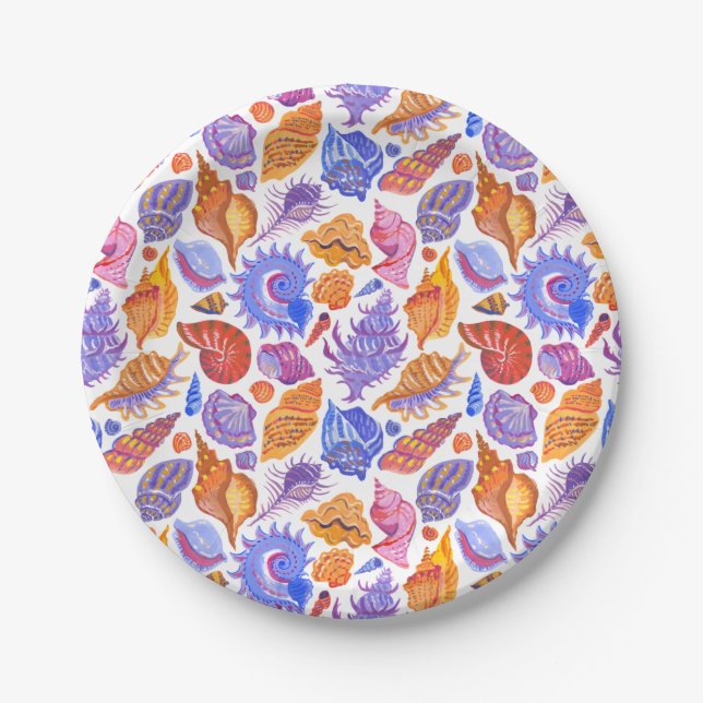 Bright tropical seashell, hand-drawn pattern paper plate (Front)
