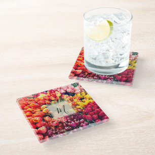 Bright Tulip Photo With Monogram Glass Coaster