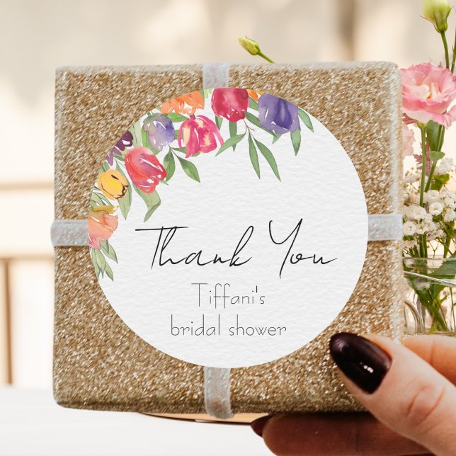 Bright Tulips and Greenery Thank You Bridal Shower Classic Round Sticker (Creator Uploaded)