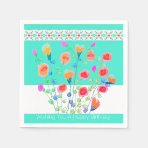 Bright Turquoise And Colourful Floral Napkin