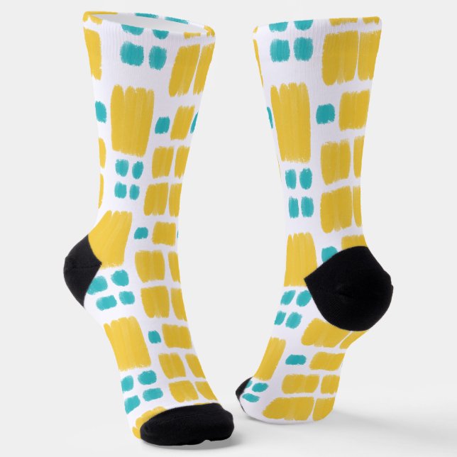Bright Turquoise and Yellow painted shapes Socks (Angled)