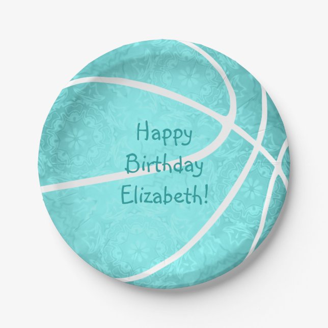 bright turquoise basketball birthday party paper plate (Front)