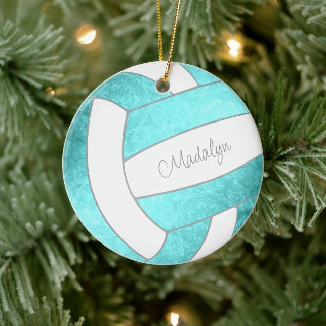 bright turquoise custom name keepsake volleyball ceramic ornament (Tree)