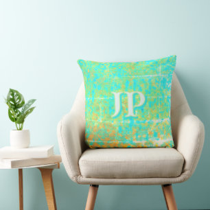 Bright Turquoise Distressed Ocean Texture Monogram Cushion