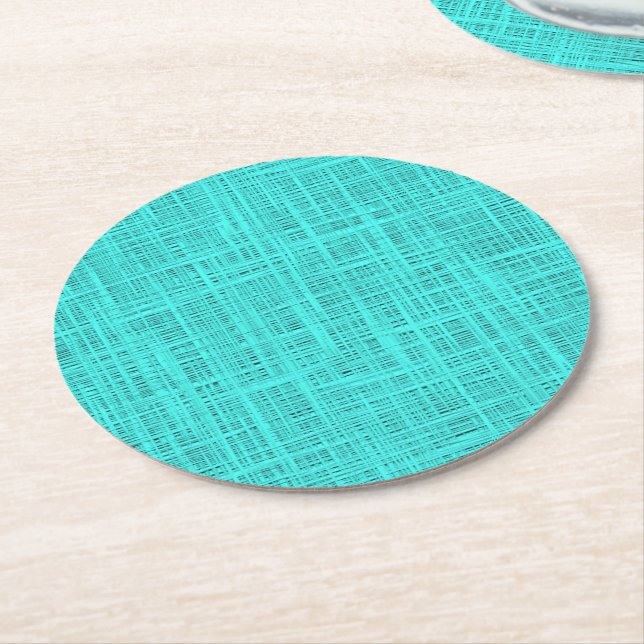 Bright Turquoise Faux Jute Textile Weave Pattern Round Paper Coaster (Angled)