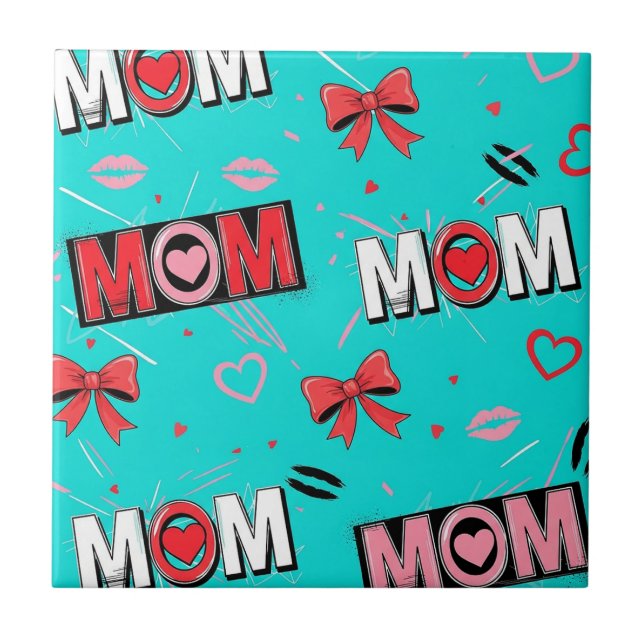 Bright Turquoise MOM Hearts Bows Pop Pattern Ceramic Tile (Front)