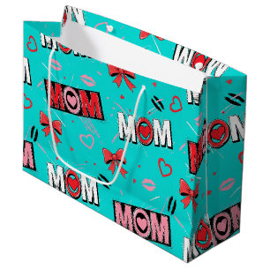 Bright Turquoise MOM Hearts Bows Pop Pattern Large Gift Bag