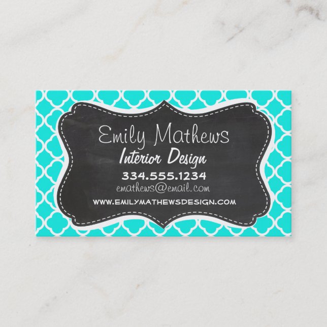 Bright Turquoise Quatrefoil; Chalkboard look Business Card (Front)