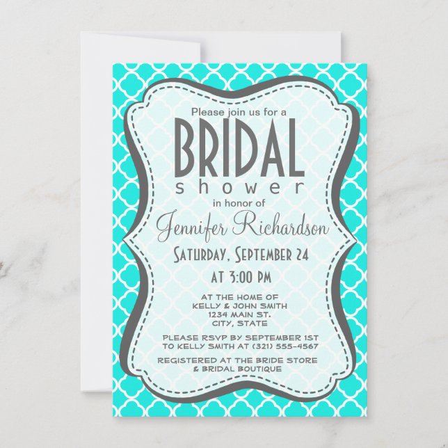 Bright Turquoise Quatrefoil Invitation (Front)