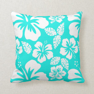 Bright Turquoise Tropical Hibiscus Cushion