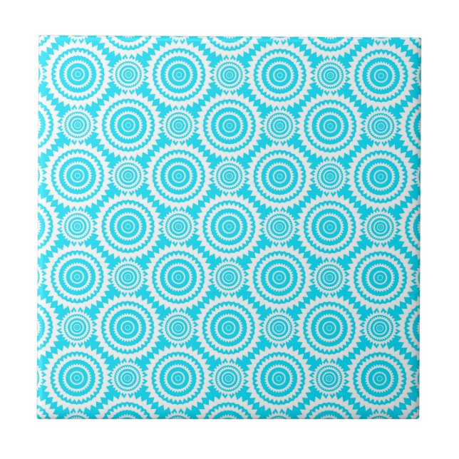Bright Turquoise White Geometric Circles Pattern Ceramic Tile (Front)