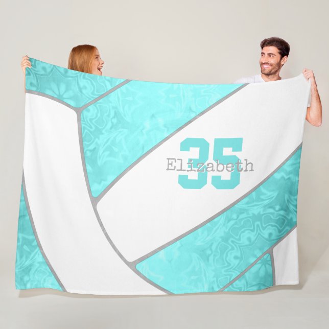 bright turquoise white volleyball girl custom name fleece blanket (In Situ)