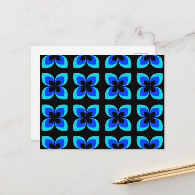 Bright Two Toned Blue Flower Pattern Postcard (Front/Back In Situ)