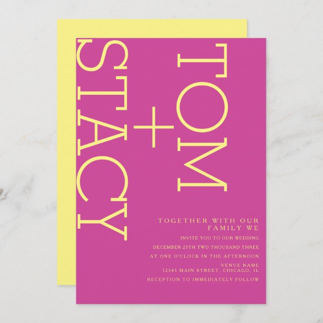 Bright Typography Xtra Bold Pink Yellow Wedding  Invitation (Front/Back)