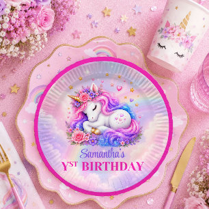 Bright Unicorn Pink Purple Girl Birthday Party Pla Paper Plate