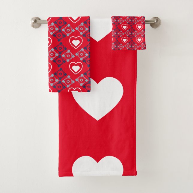 Bright Valentines Hearts Pattern Red  Teal    Bath Towel Set (Insitu)