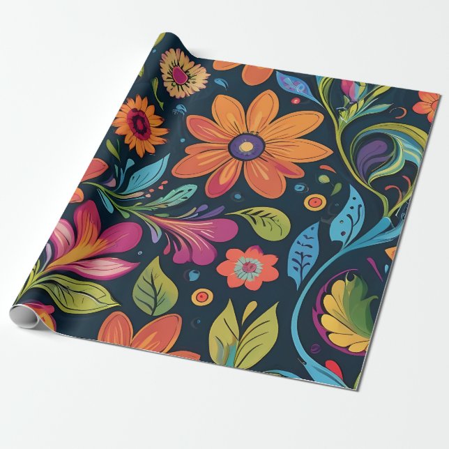 Bright Vibrant Colourful Flowers Wrapping Paper (Unrolled)