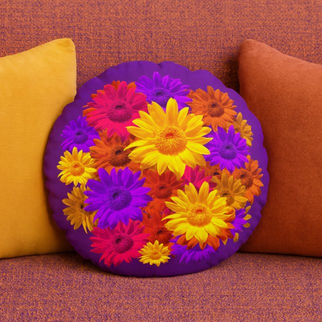 Bright Vibrant & Colourful Sunflower Girly Hippie Round Cushion (Creator Uploaded)