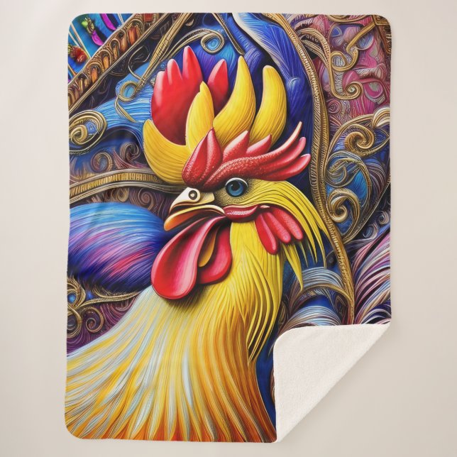 Bright Vibrant Rooster Sherpa Blanket (Front)