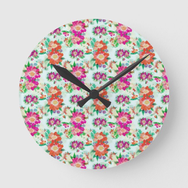 Bright Vintage Floral Pattern Round Clock (Front)