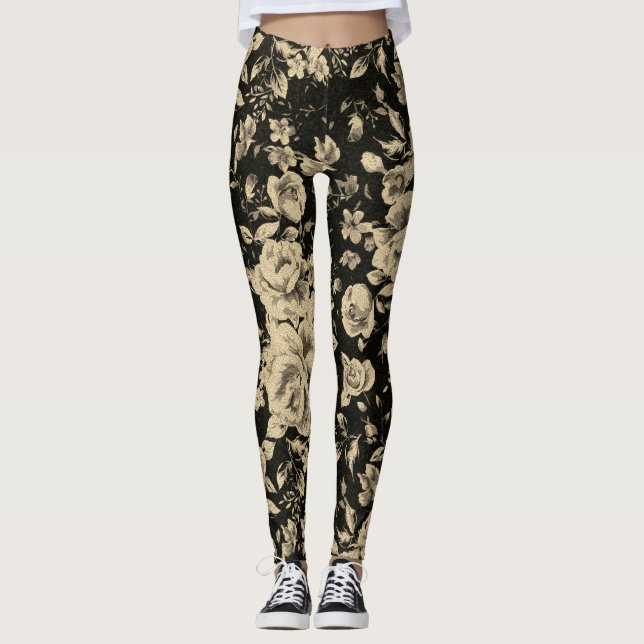 Bright vintage oil flowers on black   leggings (Front)