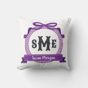 Bright Violet Purple Greek Key Bow Monogram Cushion